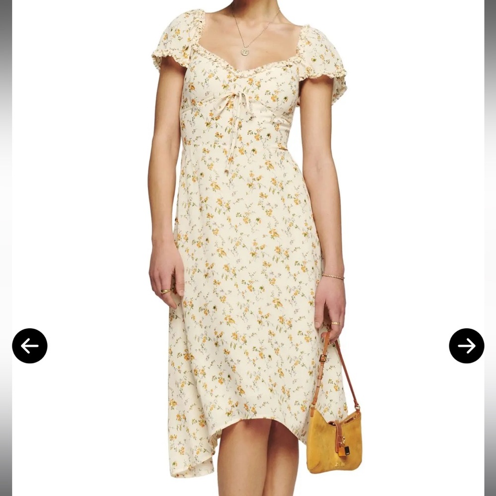 Reformation Maebry Julius Cream Floral Print Short Sleeve Midi Dress